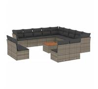 PUGYNBK Ensemble de canapés de jardin 14 pièces rotin synthétique gris | Rangement sous siège, sac impératif inclus, table d'acacia, housses déhoussables, design modulaire