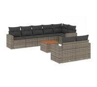 PUGYNBK Ensemble de meubles de jardin 9 pièces rotin synthétique gris | Rangement sous siège, sac impératif inclus, table acacia, coussins déhoussables, design modulaire
