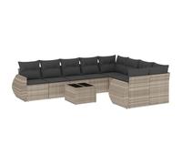 PUGYNBK Set de canapés de jardin 10 pièces rotin synthétique gris clair | Rangement sous siège, sac impératif, table en verre trempé, housses déhoussables, design modulaire