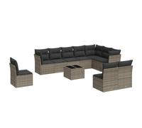 PUGYNBK Set de canapés de jardin 11 pièces rotin synthétique gris | Rangement sous siège, sac impératif inclus, table en verre trempé, coussins déhoussables, design modulaire