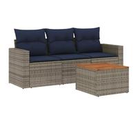 PUGYNBK Set de canapés de jardin 4 pièces rotin synthétique gris | Rangement sous siège, sac impératif inclus, coussins avec housse lavable, table en bois d'acacia, design modulaire