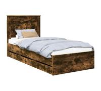PUGYNBK Structure de lit en chêne fumé 90 x 200 cm Bois ingénieux | Base à lattes fixe, tête de lit intégrée, tiroirs cachés, design minimaliste