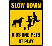 Puhayexi Panneau d'avertissement Slow Down Kids And Pets At Play en étain pour maison, cuisine, ferme, jardin, garage, décoration murale 30,5 x 20,3 cm