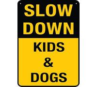 Puhayexi Panneau en métal « Slow Down Kids Dogs » - 30,5 x 20,3 cm - Pour entreprise, lieu de travail, bureau, maison, livraison, panneaux routiers, panneaux de jardin