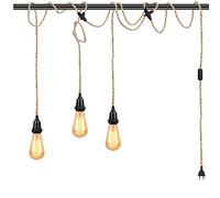 Puhui Suspension rétro en corde de chanvre avec interrupteur et prise, lampe suspendue de salle à manger vintage câble de lampe de lampe bricolage 8,8 mètres torsadée, 3 × E27 douille