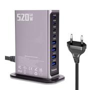 Puiseno Chargeur USB C 520 W 8 en 1 GaN - Station de charge rapide PD100W/QC30W (4C + 4A) - Compatible avec MacBook Pro/Air, iPad, iPh0ne, HP, Galaxy S25, etc. (gris)