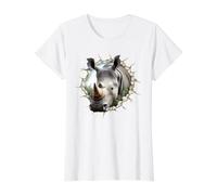 Puissante percée de Mur craquelé Rhino 3D T-Shirt Graphique avec Valeur, Femme, Blanc, M