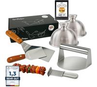 PUKPU Kit Smash Burger Professionnel - Set 6 pièces avec Presse, spatules, Cloches et Accessoires pour plancha, Barbecue ou Cuisine Maison de Burger Smash (Marron, 6)