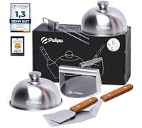 PUKPU Kit Smash Burger Professionnel - Set 6 pièces avec Presse, spatules, Cloches et Accessoires pour plancha, Barbecue ou Cuisine Maison de Burger Smash (Marron, 9)
