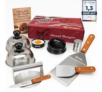 Pukpu Set Smash Burger 9 Pièces INOX - Contient Presse Burger, Moule a Steak Haché et Oeuf au Plat, 2 Spatules, Coteau a Steak, 2 Cloche à Burger et Salière - Livre de Recettes en Cadeau (Marron)