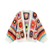 Pulcykp Automne Crochet Creux Fleur géométrique Court Tricot Cardigan Femmes Ligne épaisse Pull Beige One Size