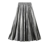 Pulcykp Jupe longue métallisée pour femme Printemps Été Argent Brillant Ligne A Line Jupe midi plissée taille haute, Argenté., taille unique