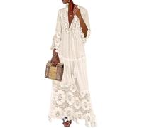 Pulcykp Robe longue bohème pour femme avec pompons et dentelle au crochet à manches longues et col en V, beige, L