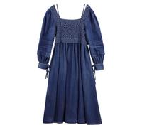 Pulcykp Robe midi vintage à col carré pour femme - Manches longues - Broderie en jean, bleu, L