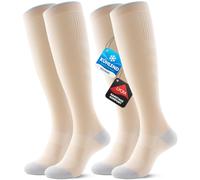 PULIOU Bas de Contention Femme Homme, 2 Paires 20-30 mmHg Chaussettes de Compression, Circulation Sanguine, Respirantes pour Sport, Voyage Avion, Travail Debout, Beige L-XL