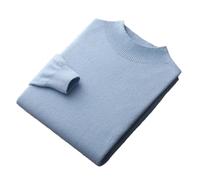 Pull 100 % laine mérinos sans couture pour homme - Pull en tricot solide - Décontracté - Col montant, bleu ciel, L