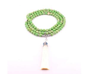 Pull 108 Mala chaîne Collier Indien tibétain, Colliers Verts à Gland exagéré, Perles de prière Méditation Chakra joyaux Objets spirituels Cadeau Religieux UI