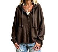 Pull à capuche à manches longues pour femme - Cardigan à capuche élégant - Coupe ample - Pull en tricot uni basique - Automne - Manteau tricoté léger pour femme, 01 - Marron., L