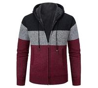Pull à capuche à manches longues pour homme avec fermeture éclair et doublure en polaire Sherp - Cardigan en tricot fin chaud et décontracté - Veste tricotée d'automne et d'hiver - Manteau patchwork