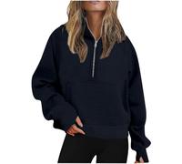 Pull à capuche court en polaire avec trou pour le pouce et poches pour femme, bleu marine, M