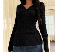 Pull à capuche en tricot torsadé à manches longues et col en V ajusté de couleur unie pour femmes L,M,S,XSUnicoloreTricots