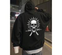 Pull à capuche gothique pour hommes avec imprimé tête de mort et croix, noir, streetwear oversize, ample, pull d'hiver chaud au style urbain unique, matériau durable pour un port décontracté et extéri