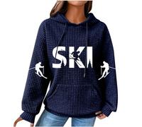 Pull à capuche pour femme avec motif ski imprimé - Sweat-shirt en coton à motif gaufré - Hoody élégant - Hauts décontractés à manches longues - Capuche confortable - Classique - Hauts - Blouse