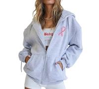 Pull à Capuche pour Femme avec prévention mensuelle du Cancer du Sein, Fermeture éclair, Manches Longues, Poche, Cordon de Serrage, Pull à Capuche de Sport en Polaire décontracté, Robe Vetement