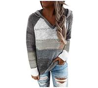 Pull à capuche pour femme - Grandes tailles - Avec motif - Sweat à capuche - Pull long - Avec rayures - Pull en tricot - Col en V - Pull d'hiver à manches longues - Pull baggy élégant, gris, L