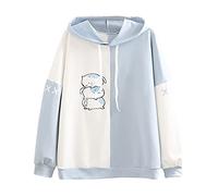 Pull à capuche pour femme - Pull à capuche - Pull kawaii surdimensionné - Manches longues - Patchwork - T-shirt décontracté - Vintage - Sweat basique - Hip Hop - Long - Sweatshirts, bleu, M