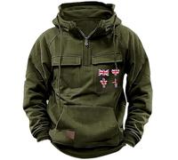Pull à capuche pour homme avec fermeture éclair 1/4 - Pull cargo de travail avec drapeau britannique - Sweat à capuche en polaire avec cordon de serrage aux poignets - Sweat à capuche classique à