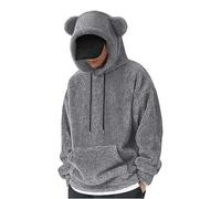 Pull à capuche sherpa pelucheux pour homme avec oreilles d'ours en peluche pour l'automne et l'hiver - Haut à capuche ample et confortable avec poche kangourou, gris, XL