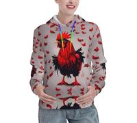 Pull à capuche tendance pour femme avec imprimé poulet rouge, Noir , XL