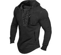 Pull à capuche vintage pour homme - Coupe ajustée - À lacets - Manches longues - Pull tactique avec capuche - Sweat-shirt Henley rétro - Vêtements viking - Hauts d'entraînement extensibles pour homme