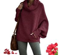 Pull à col bénitier avec poches pour femme, col roulé chauve-souris, manches longues en tricot torsadé, coupe ample, manches lanternes, pull à col roulé, pour l'automne et l'hiver (rouge foncé, X
