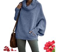 Pull à col bénitier avec poches pour femme, col roulé chauve-souris, manches longues, pull en tricot torsadé, coupe ample, manches lanternes, pull à col roulé, pour l'automne et l'hiver (bleu, XXL)