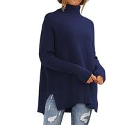 Pull à col bénitier pour femme - Pull long pour femme - Couleur unie - Col roulé - Manches longues - Tricot confortable, bleu marine, L