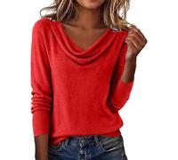 Pull à col bénitier pour femme - Pull tendance en tricot fin à col en V - Grande taille - Pull habillé et décontracté pour sortir - Tricot printemps à manches longues - Pull élégant de w nd, Rouge