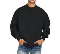 Pull à col boutonné pour homme - Col rond - Couleur unie - Pull Henley tendance pour jeunes - Coupe régulière - Sweat-shirt à 3 boutons pour la semaine - Avec poche poitrine, Noir , XXX-Large