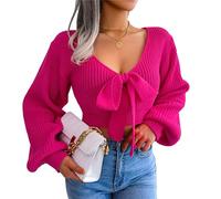 Pull à Col en V avec NœUd Papillon pour Femmes Pull Croisé en Tricot à Manches Lanternes Jumper d'automne en Tricot De Couleur Unie (Rose Rouge,S)