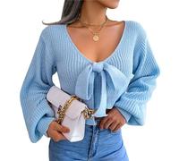 Pull à Col en V avec NœUd Papillon pour Femmes Pull Croisé en Tricot à Manches Lanternes Jumper d'automne en Tricot De Couleur Unie (Bleu Clair,S)