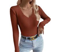 Pull à col en V côtelé à manches longues pour femme - Chaud - Couche de base thermique - Haut d'hiver, Couleur caramel., Taille M