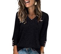 Pull à Col en V et Manches 3/4 Chic pour Femme - Haut Tricoté Doux et Décontracté Chaud Pas Cher Couleur Unie Automne Hiver