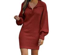 Pull à col en V pour femme - Manches longues - Tendance - Solide - Longueur moyenne - Robe en laine tricotée - Robe de fiançailles, bordeaux, S