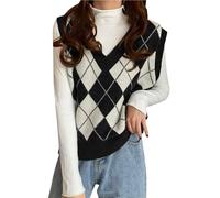 Pull à col en V pour Femme - Pull Court en Tricot sans Manches - Gilet décontracté Ample imprimé à Carreaux - Pullover Doux et Confortable Chaude Automne Hiver pour l'école, la Marche, Les Loisirs