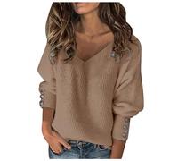 Pull à col en V pour femme, pull d'hiver pour femme, pull épais à manches longues, haut à col en V, pull uni à manches boutonnées, pulls tricotés décontractés, pulls chauds, hauts d'hiver doux, kaki,