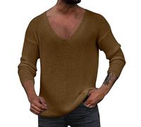 Pull à col en V pour homme - Pull tricoté à manches longues - Col en V profond - Couleur unie - Pour un look élégant, 02#_café, XL