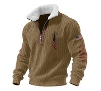 Pull à col montant doublé en polaire pour homme - Manches longues - Motif drapeau national - Texture rayée - Pull à fermeture éclair 1/4 - Polo pour homme, Kaki-2., 5XL