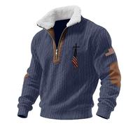 Pull à col montant doublé en polaire pour homme - Manches longues - Motif drapeau national - Texture rayée - Pull à fermeture éclair 1/4 - Polo pour homme, Bleu marine-2., 5XL