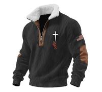 Pull à col montant doublé en polaire pour homme - Manches longues - Motif drapeau national - Texture rayée - Pull à fermeture éclair 1/4 - Polo pour homme, Noir 1, 5XL